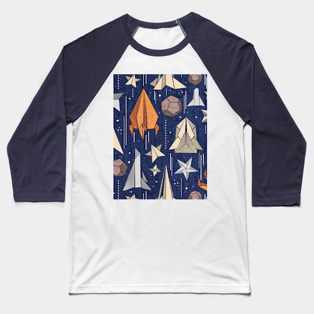 Reaching for the stars // pattern // navy blue background ivory grey brown and orange origami paper asteroids stars and space ships traveling light speed Baseball T-Shirt by SelmaCardoso